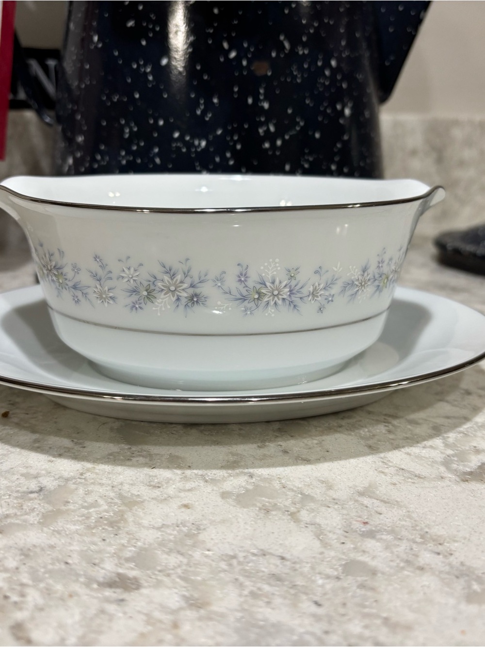 Vintage Noritake  Fine White China Gravy Boat with blue flowers & platinum trim